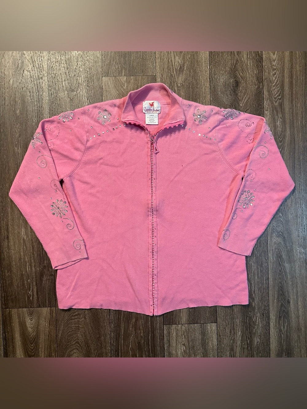 Quacker Factory rhinestone snowflake pink zip up grandmacore cardigan Sz L
